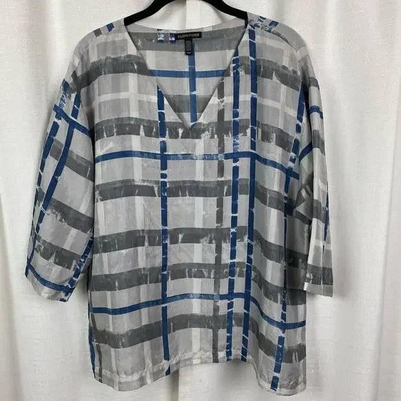 Eileen Fisher Gray&Blue Silk 3/4 Sleeve Boxy Fit Blouse Sz.M - Picture 2 of 8